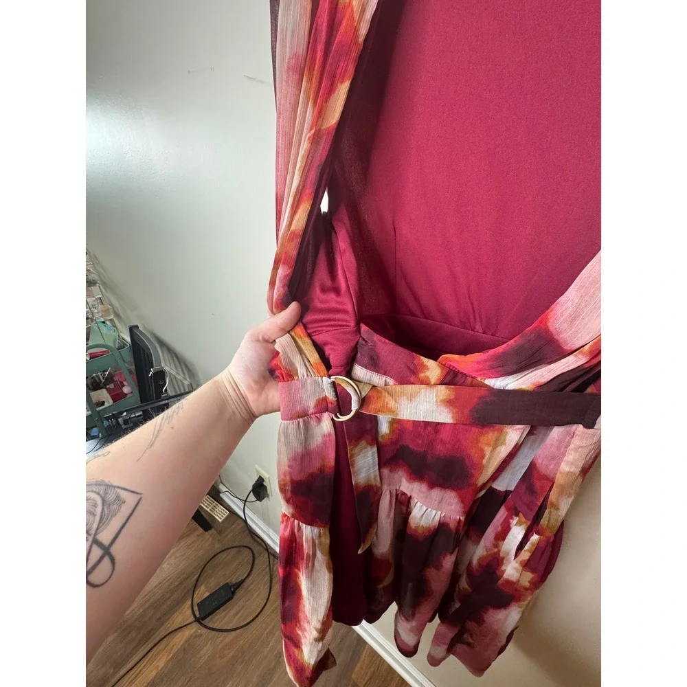 Taylor Burgundy Pink Watercolor Floral Chiffon V-Neck Belted Dress - Picture 3 of 7
